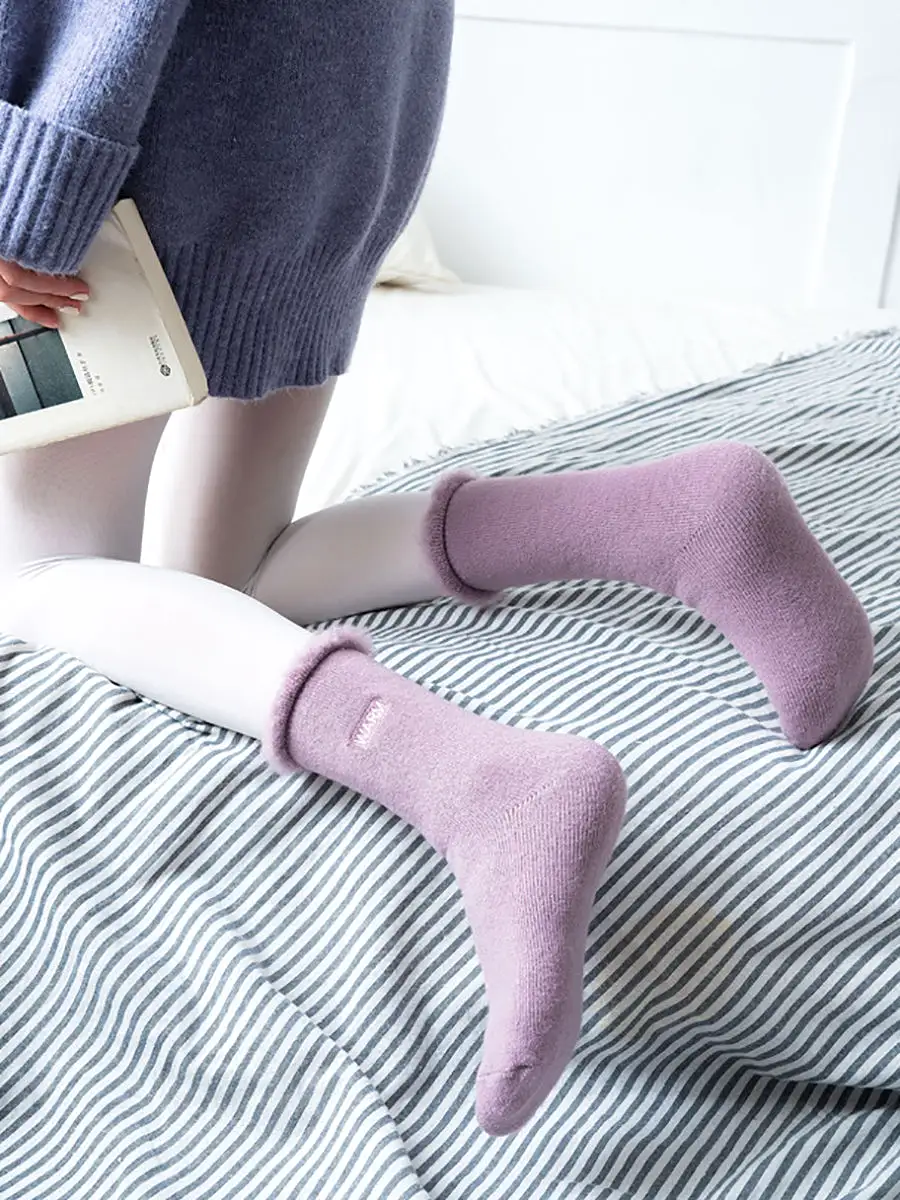 5 Pairs Women Winter Solid Cotton Fleece-lined Socks