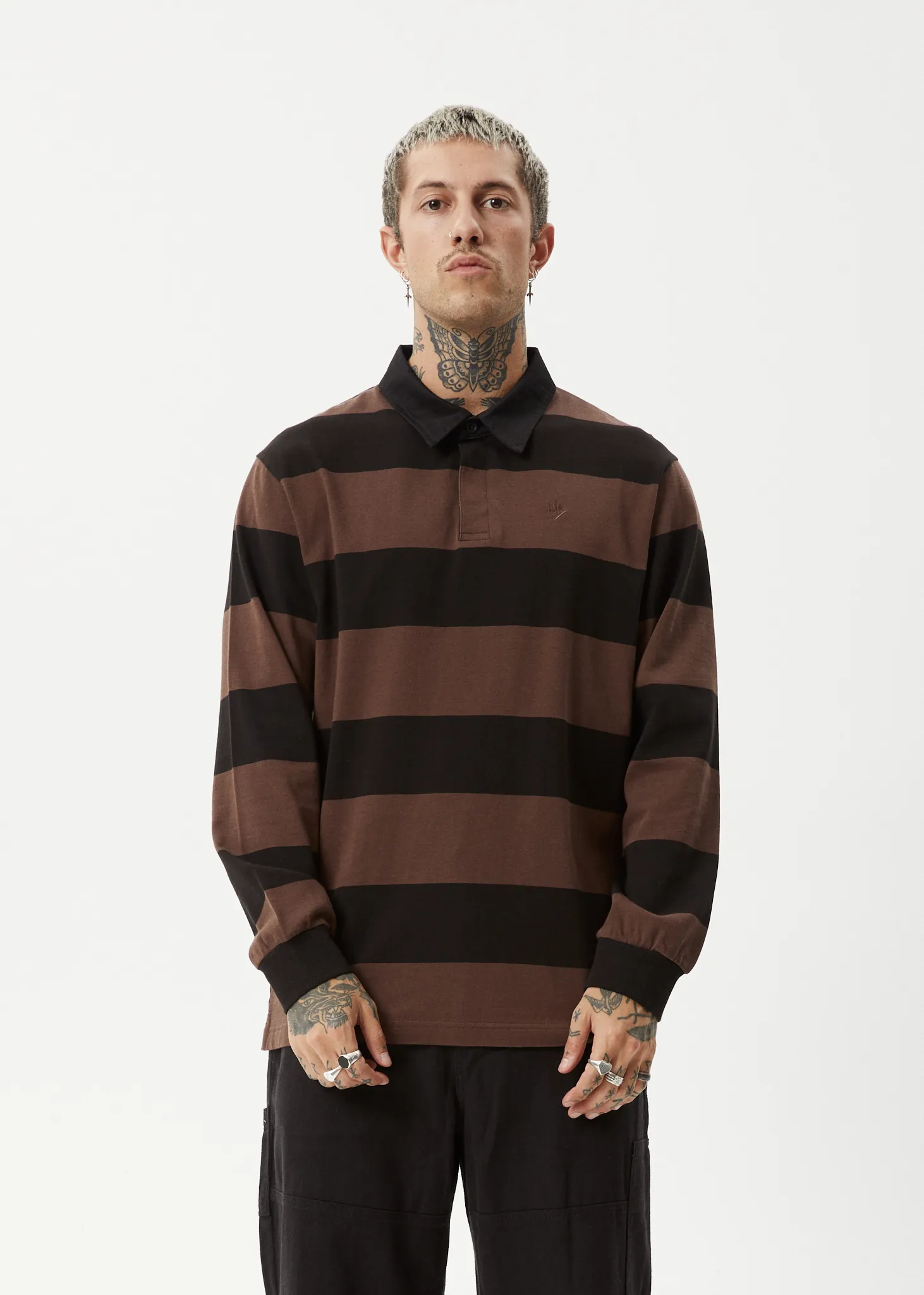 AFENDS Mens Nation - Polo Long Sleeve T-Shirt - Coffee Stripe