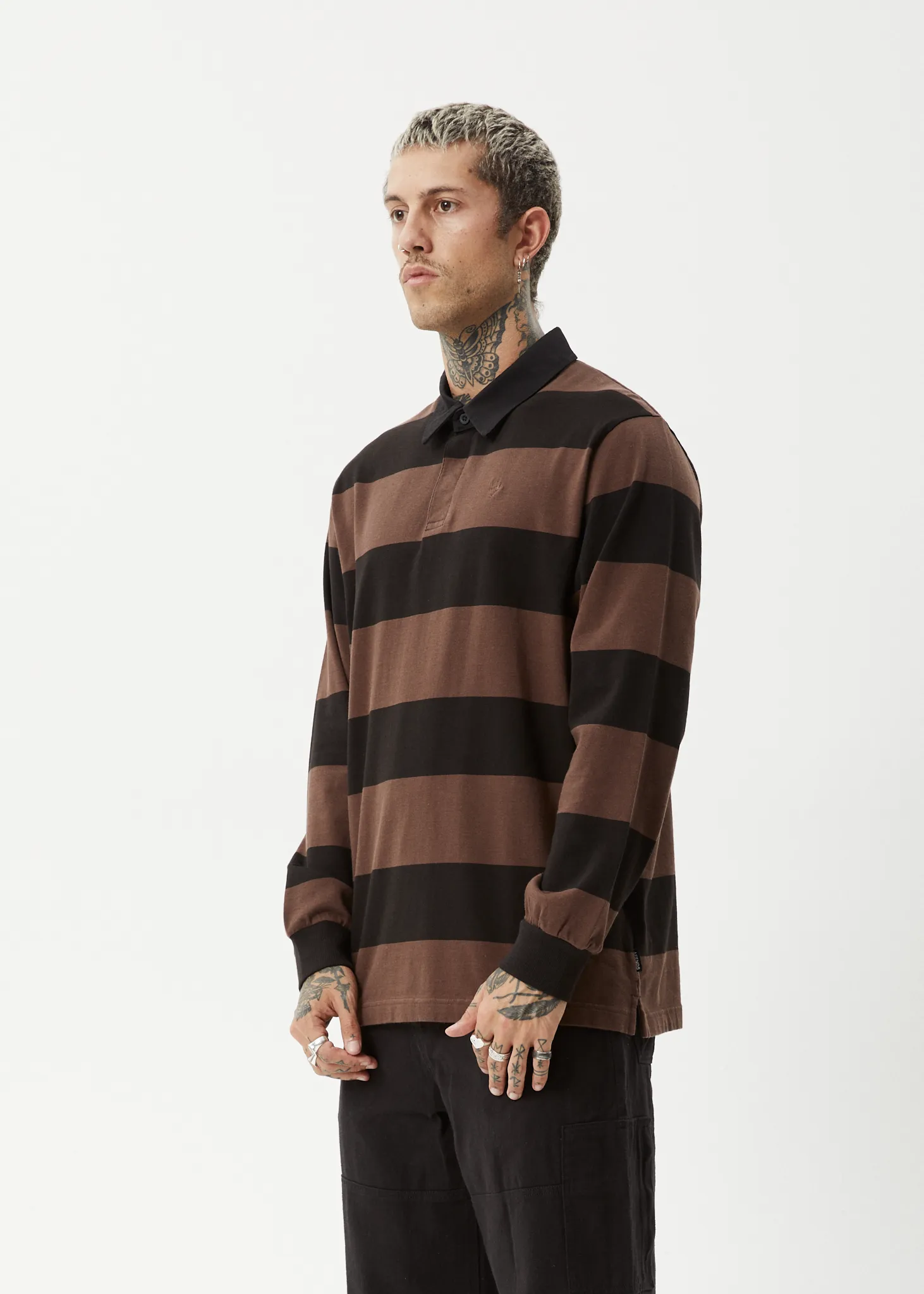 AFENDS Mens Nation - Polo Long Sleeve T-Shirt - Coffee Stripe