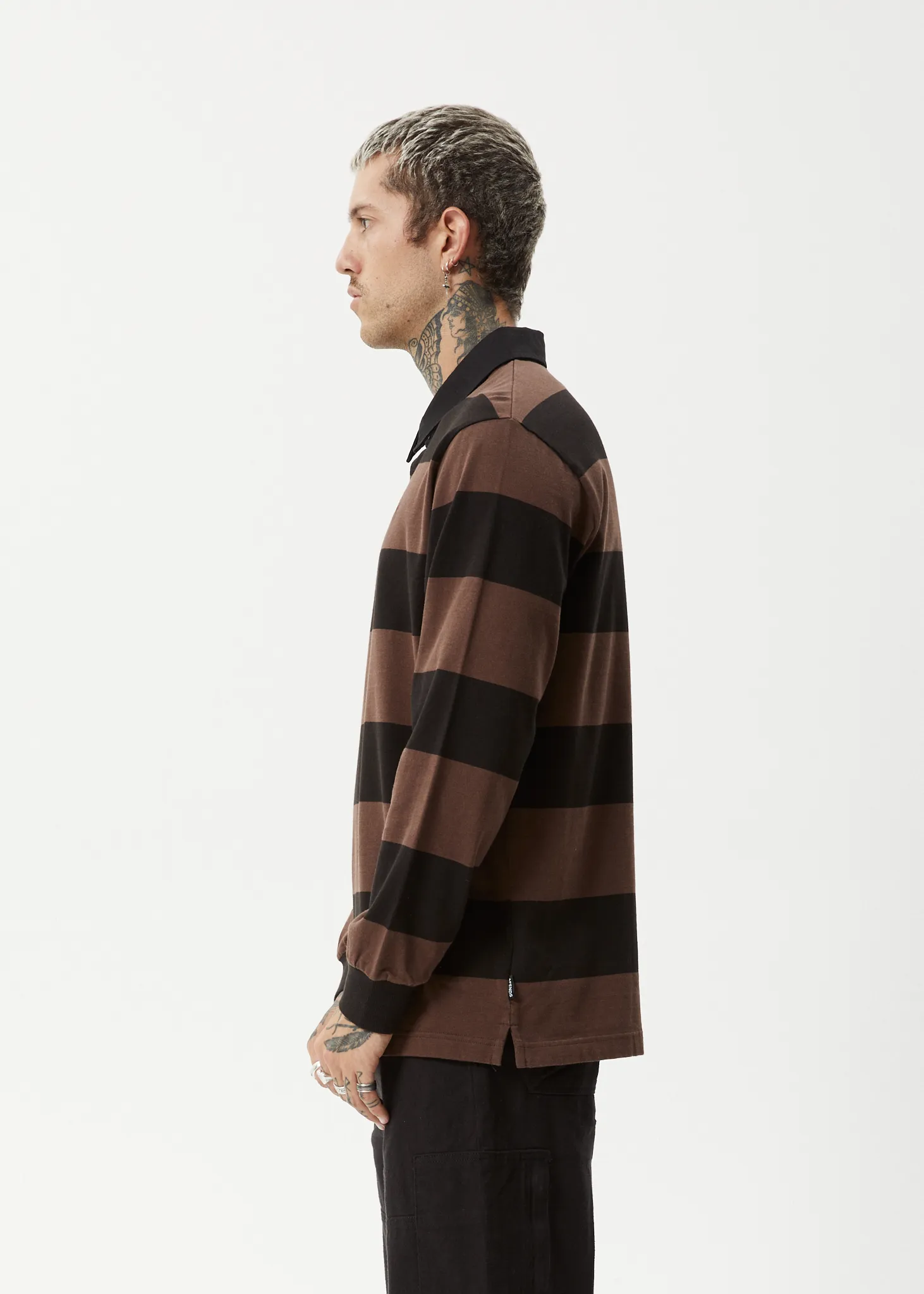 AFENDS Mens Nation - Polo Long Sleeve T-Shirt - Coffee Stripe