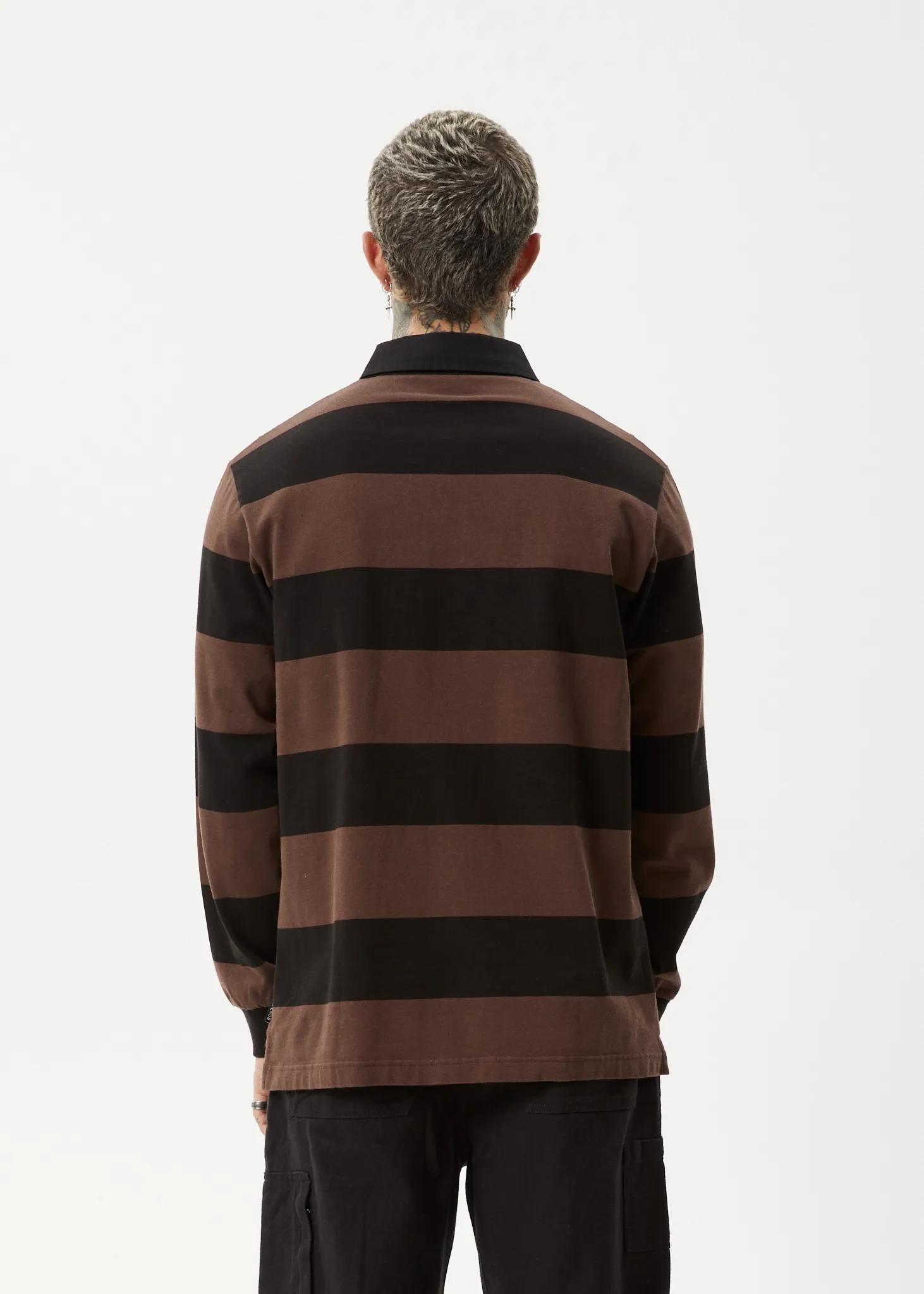 AFENDS Mens Nation - Polo Long Sleeve T-Shirt - Coffee Stripe