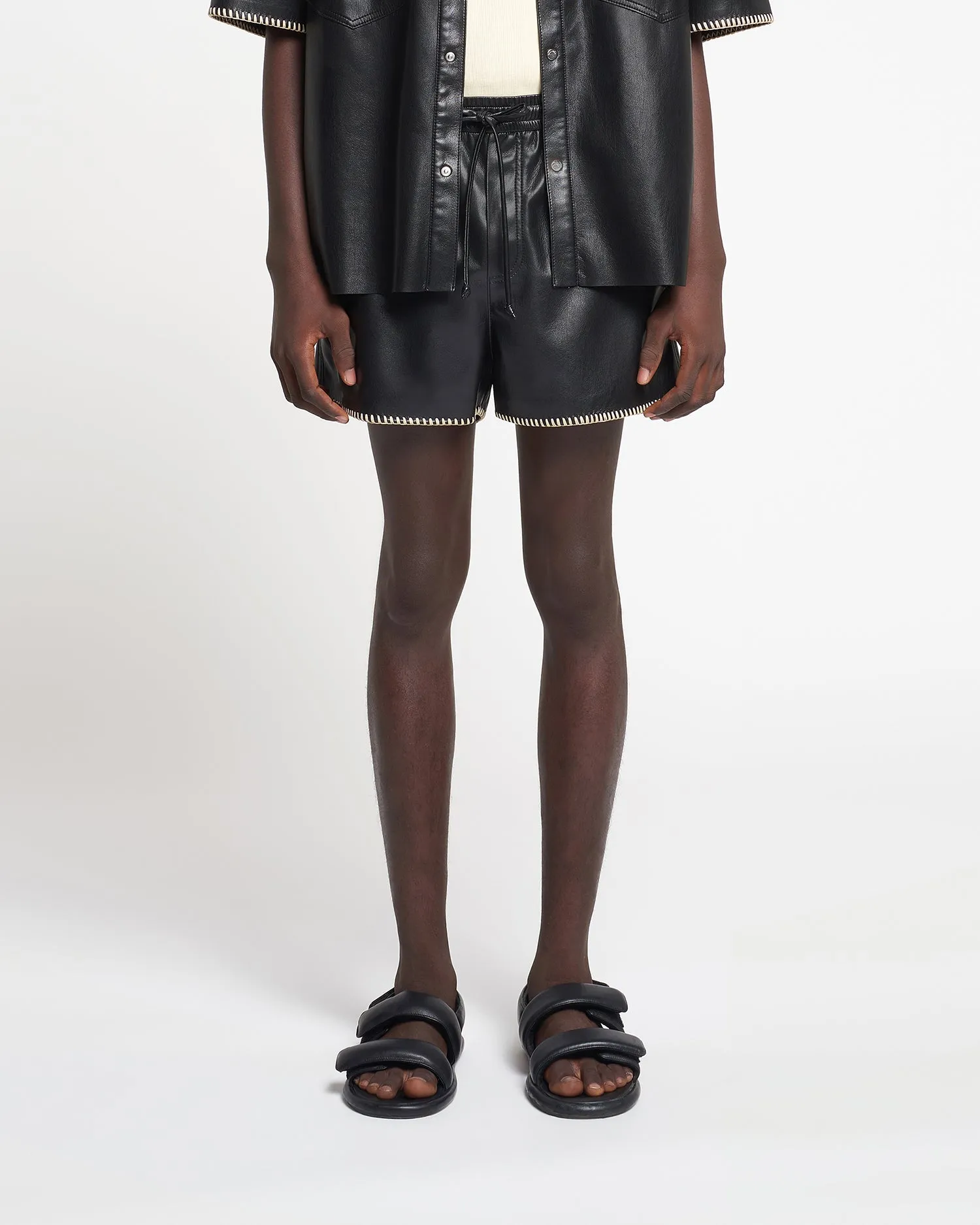 Amil - Raffia-Trimmed Okobor Alt-Leather Shorts - Black