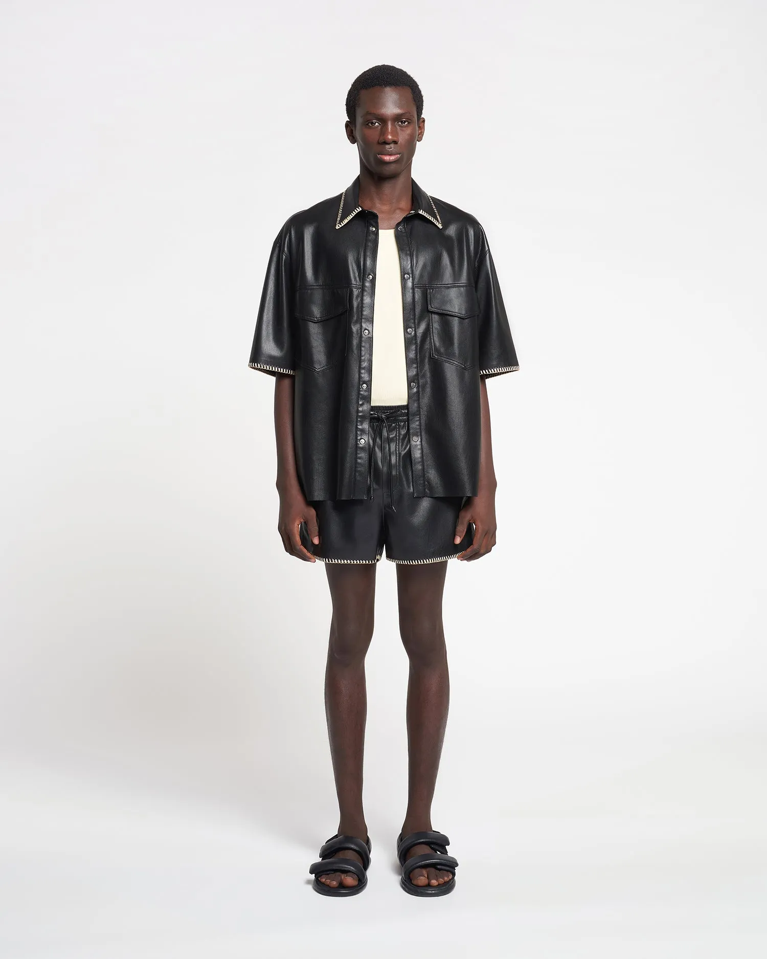 Amil - Raffia-Trimmed Okobor Alt-Leather Shorts - Black