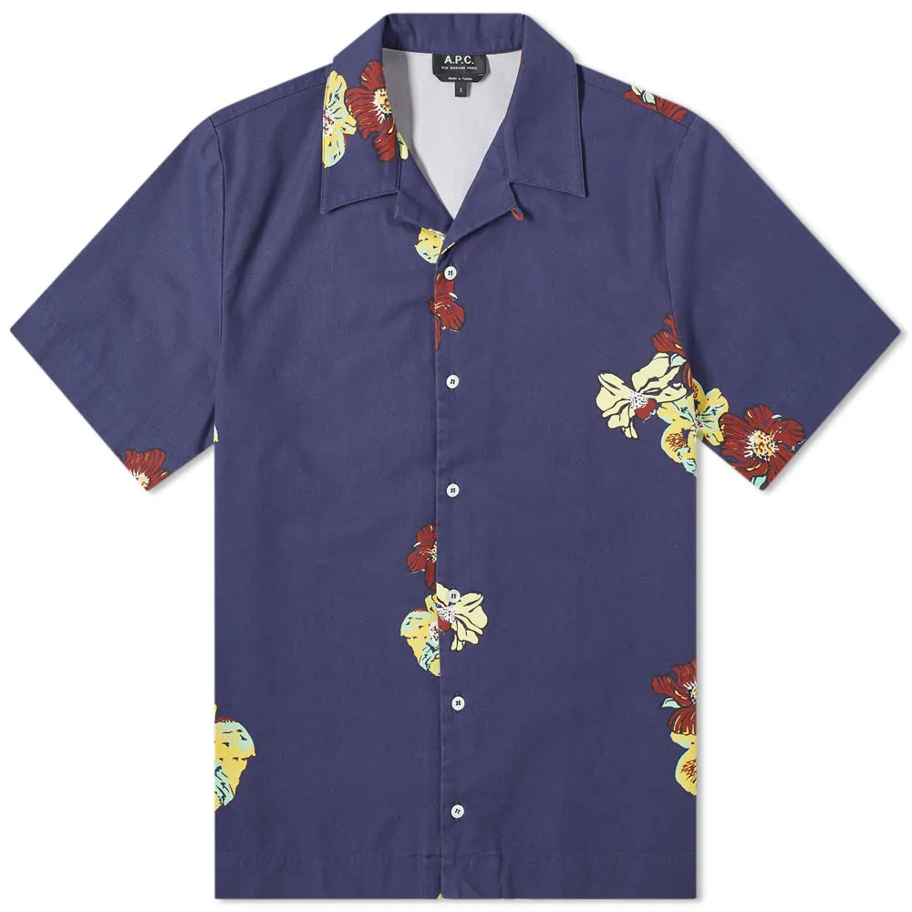 A.P.C. Louis Flower Print Short Sleeve ShirtDark Navy