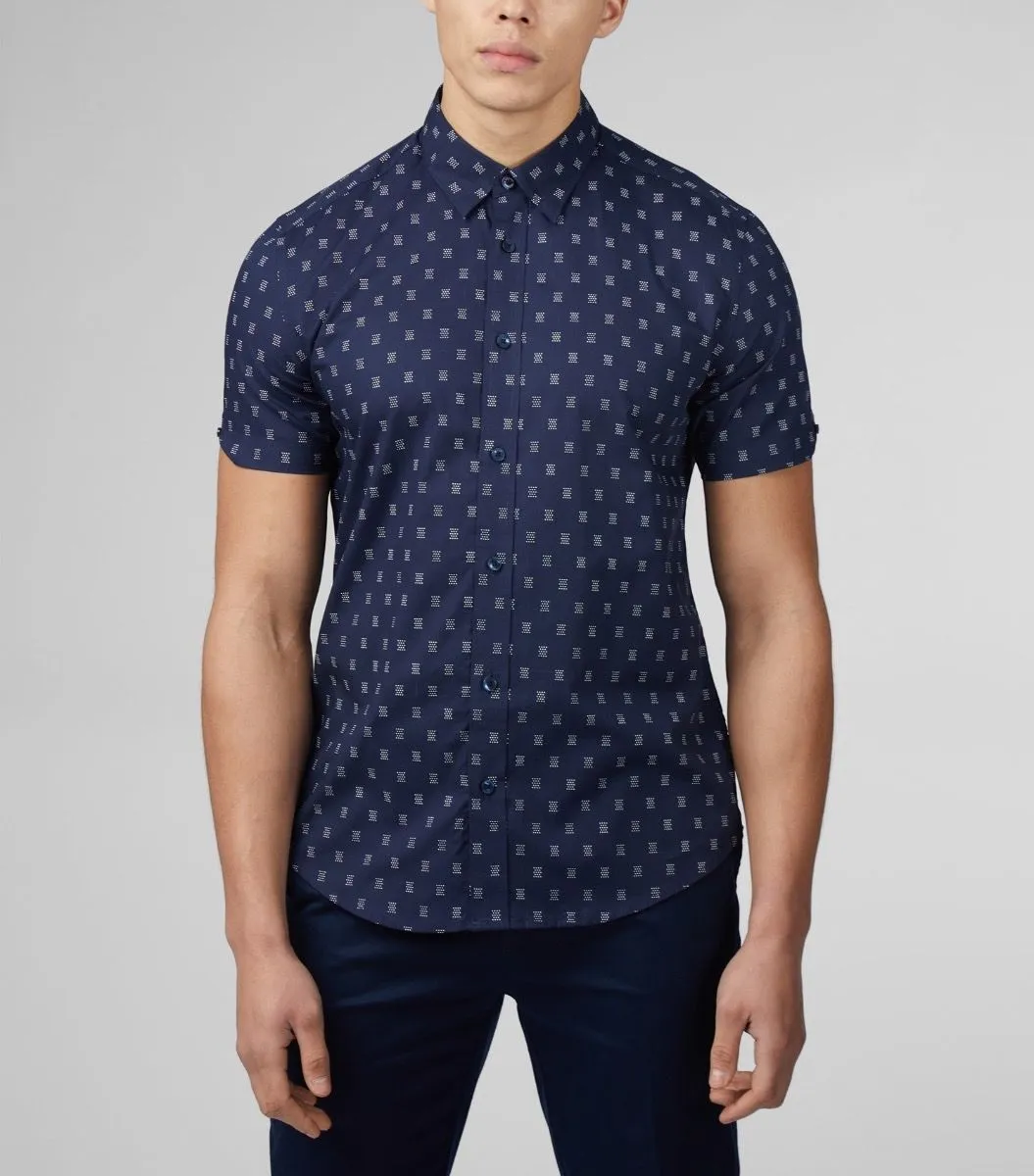 Ben Sherman Short Sleeve Geo Print Stipple Shirt Dark Navy