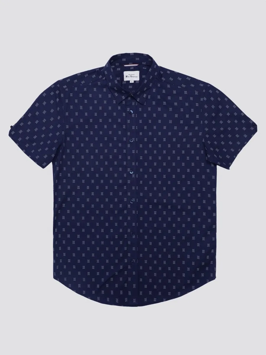 Ben Sherman Short Sleeve Geo Print Stipple Shirt Dark Navy