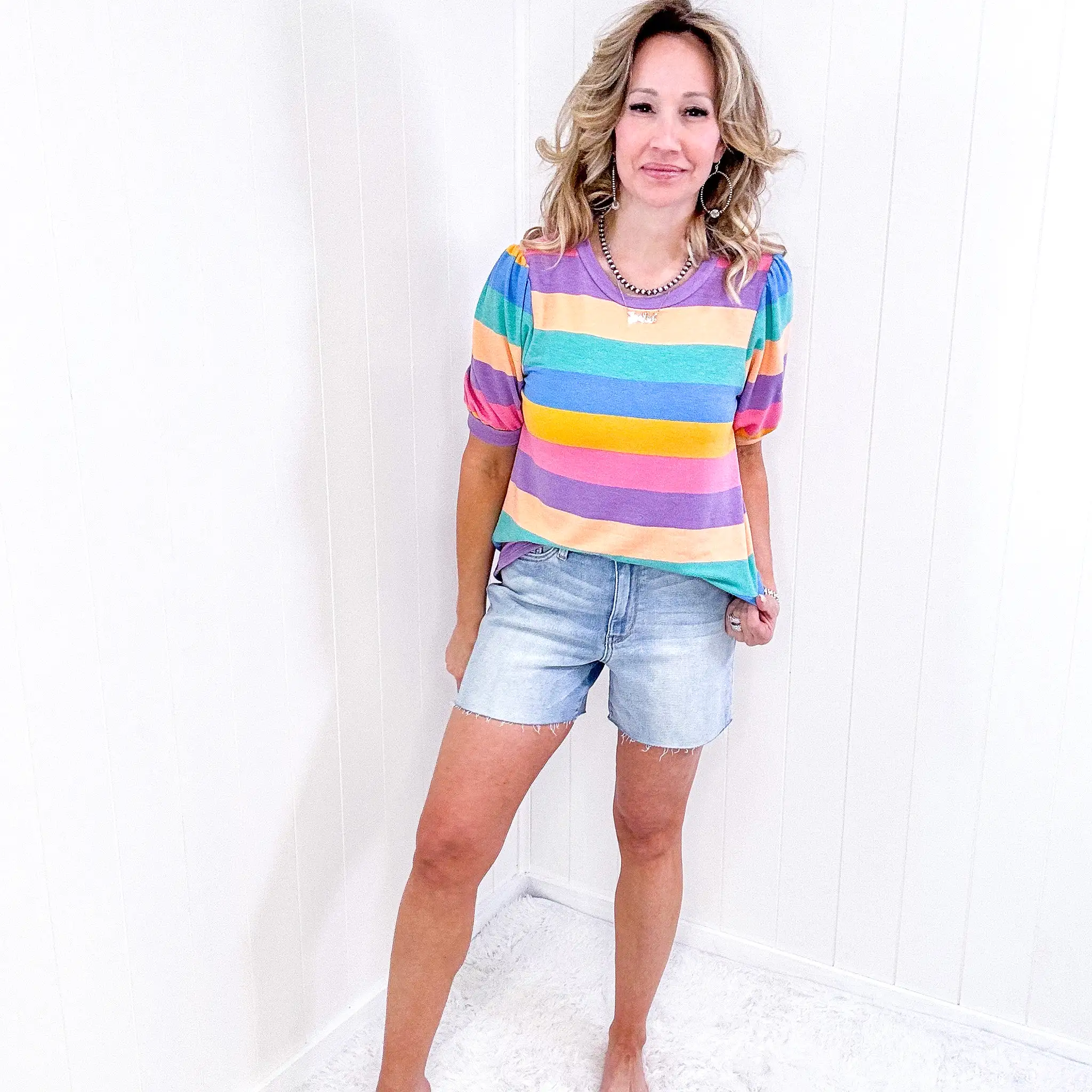 Can't Look Away Multicolor Stripe Bubble Sleeve Terry Top