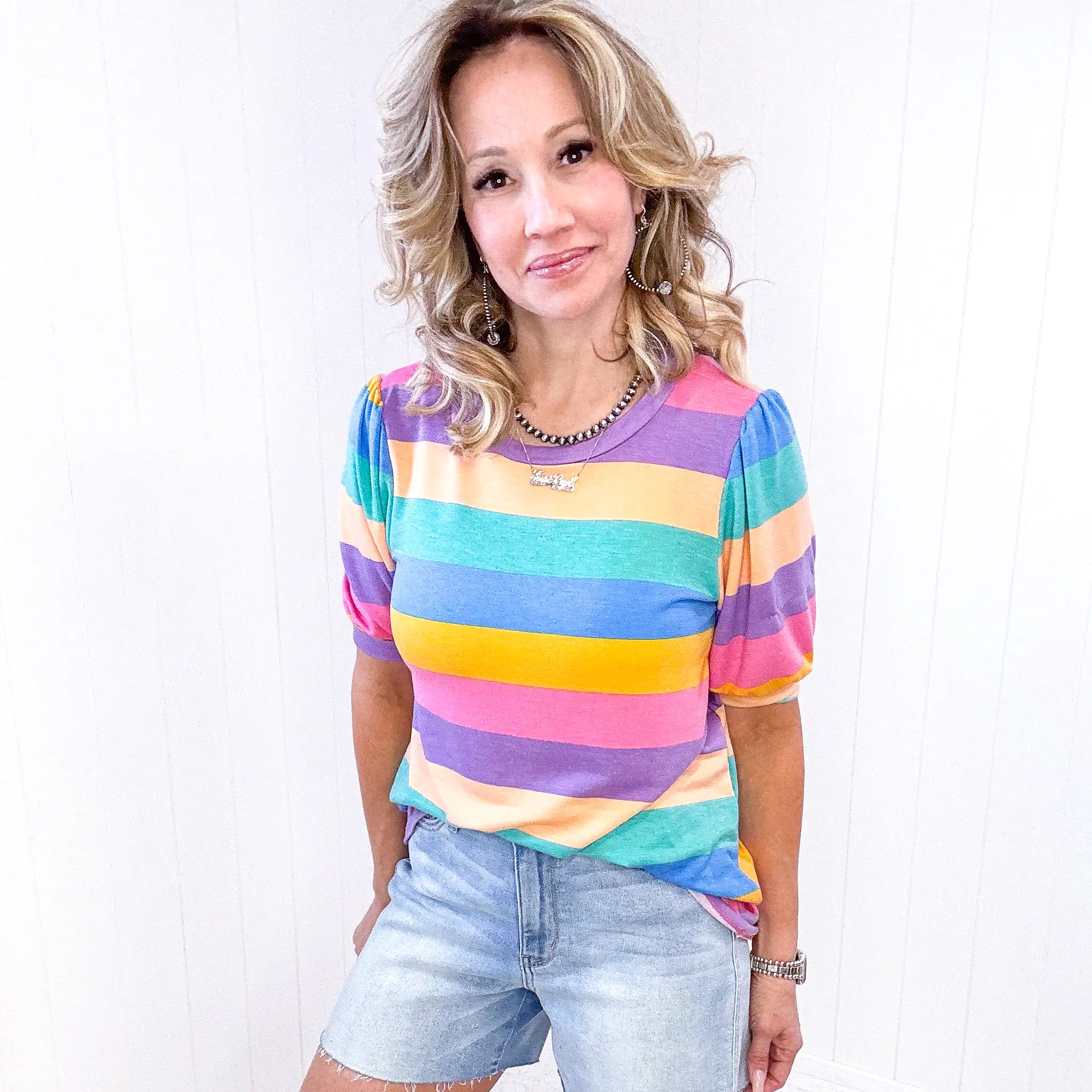 Can't Look Away Multicolor Stripe Bubble Sleeve Terry Top