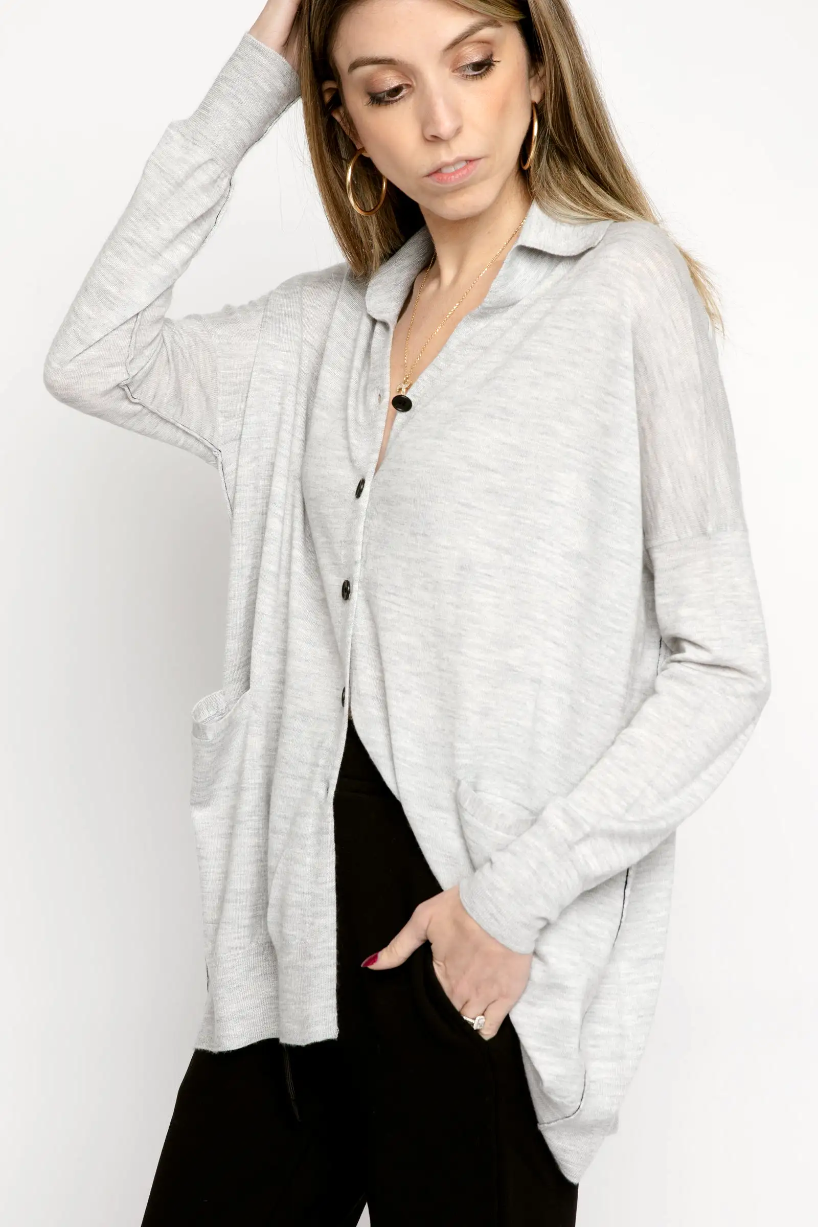 Collared Cardigan in Pale Heather Grey