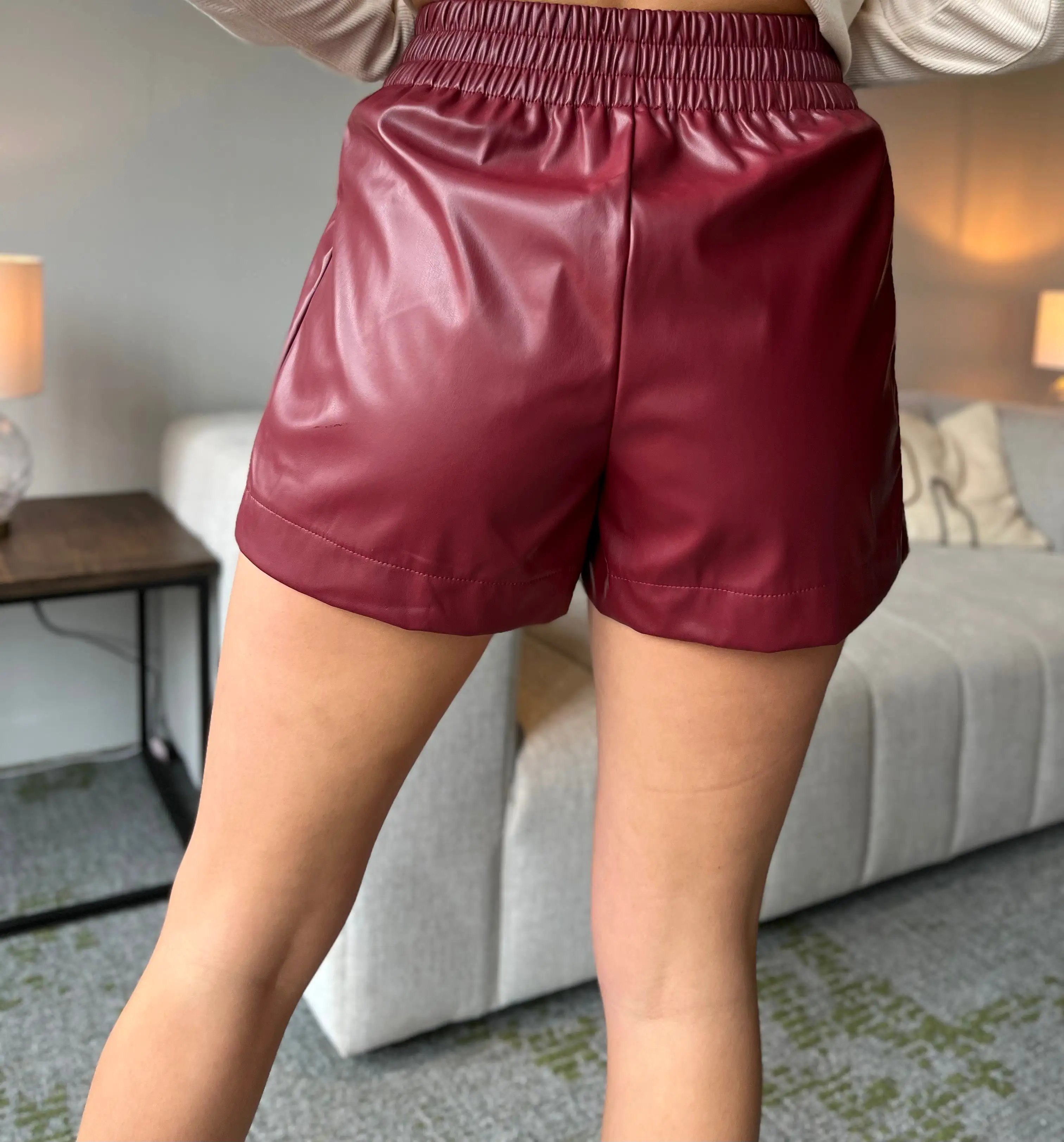 Faux Leather High Waisted Shorts - Garnet