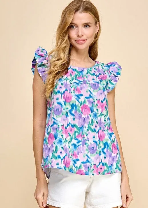 FINAL SALE - Orchid Garden Ruffle Sleeve Top