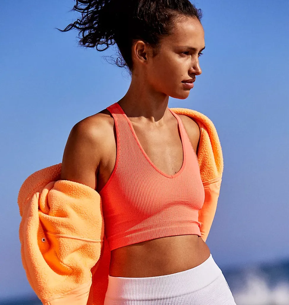 Free People Movement Free Throw Crop Sports Bra in Black and Flamingo Orange