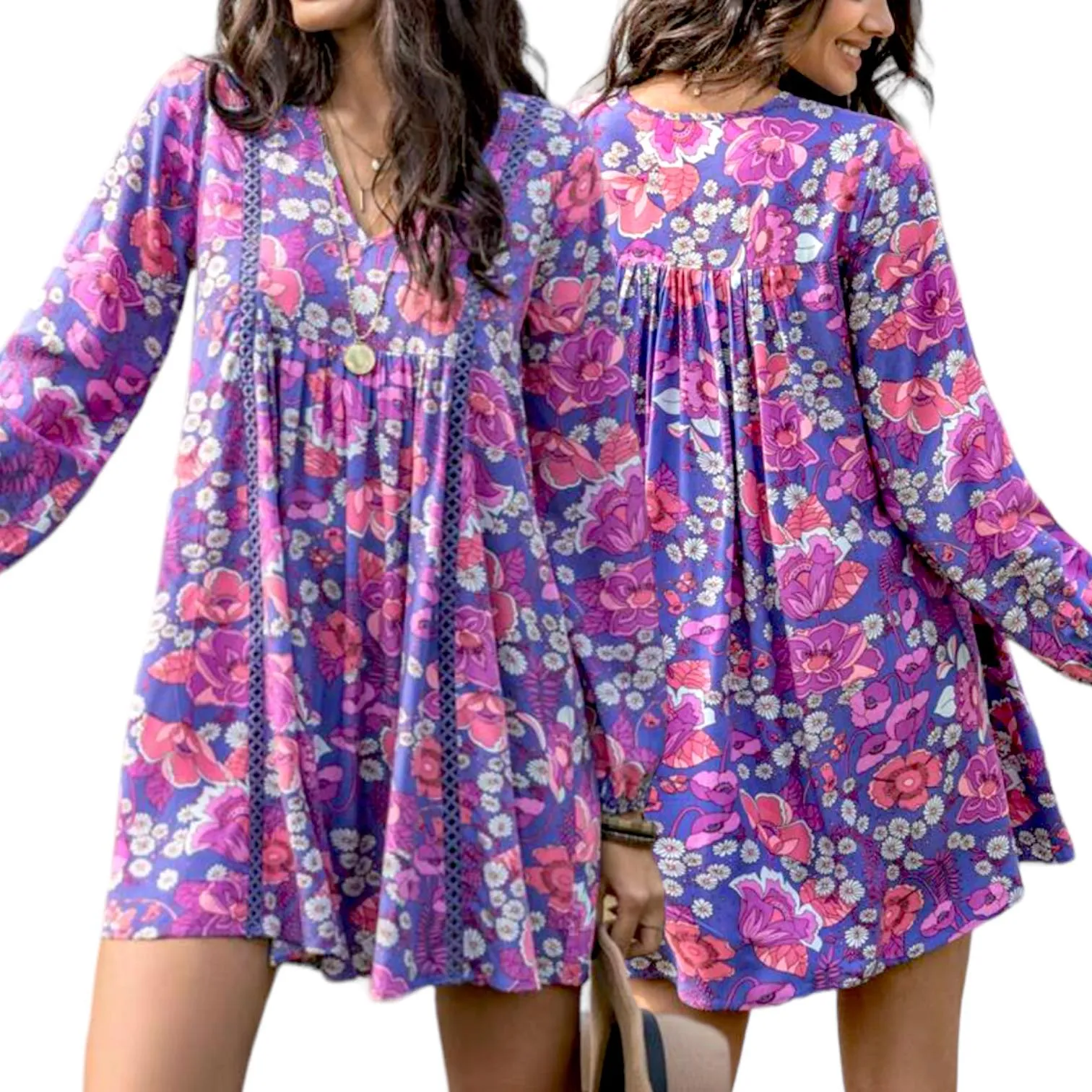 GYPSY Woven Boho Printed Bishop Sleeve Loose Short Dress