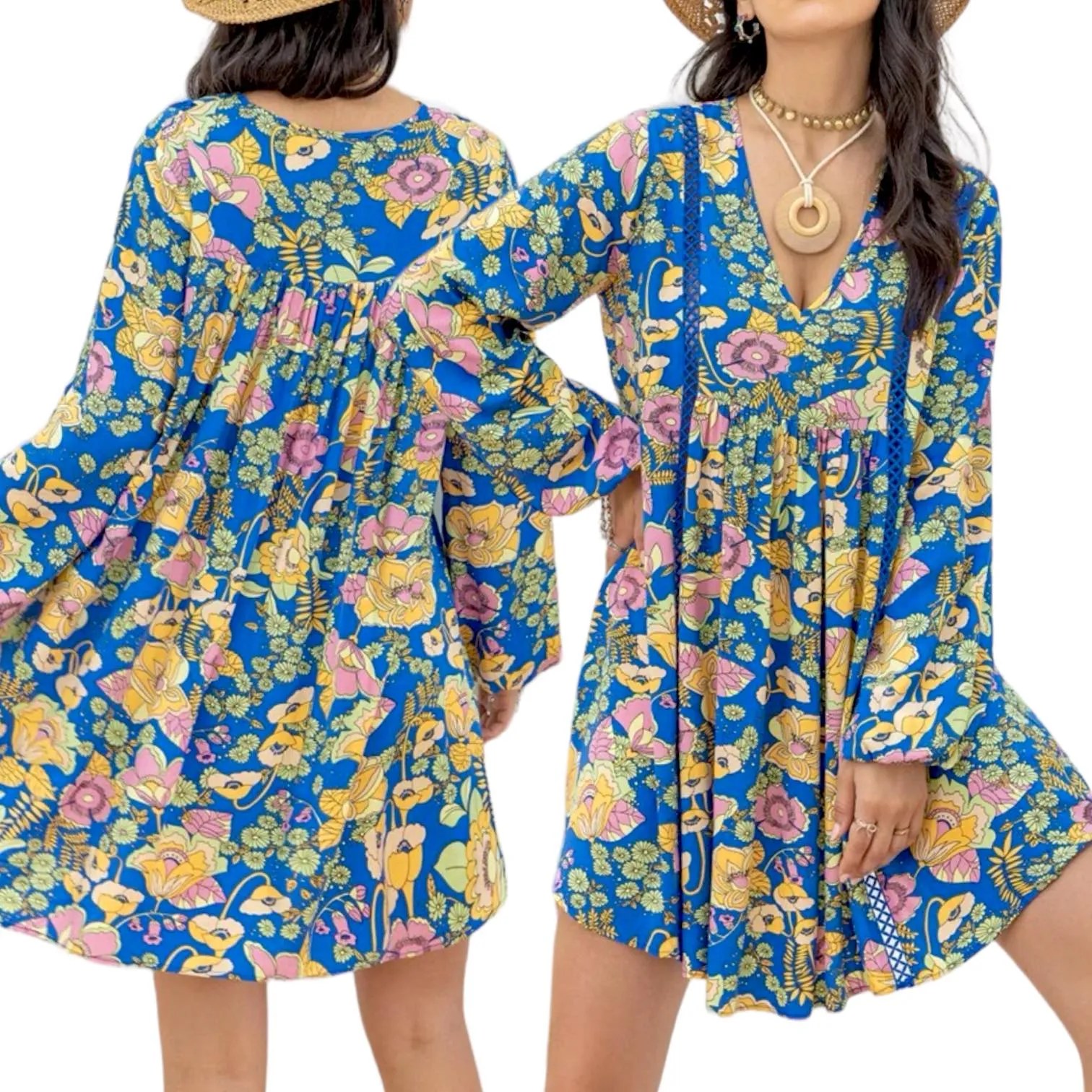 GYPSY Woven Boho Printed Bishop Sleeve Loose Short Dress