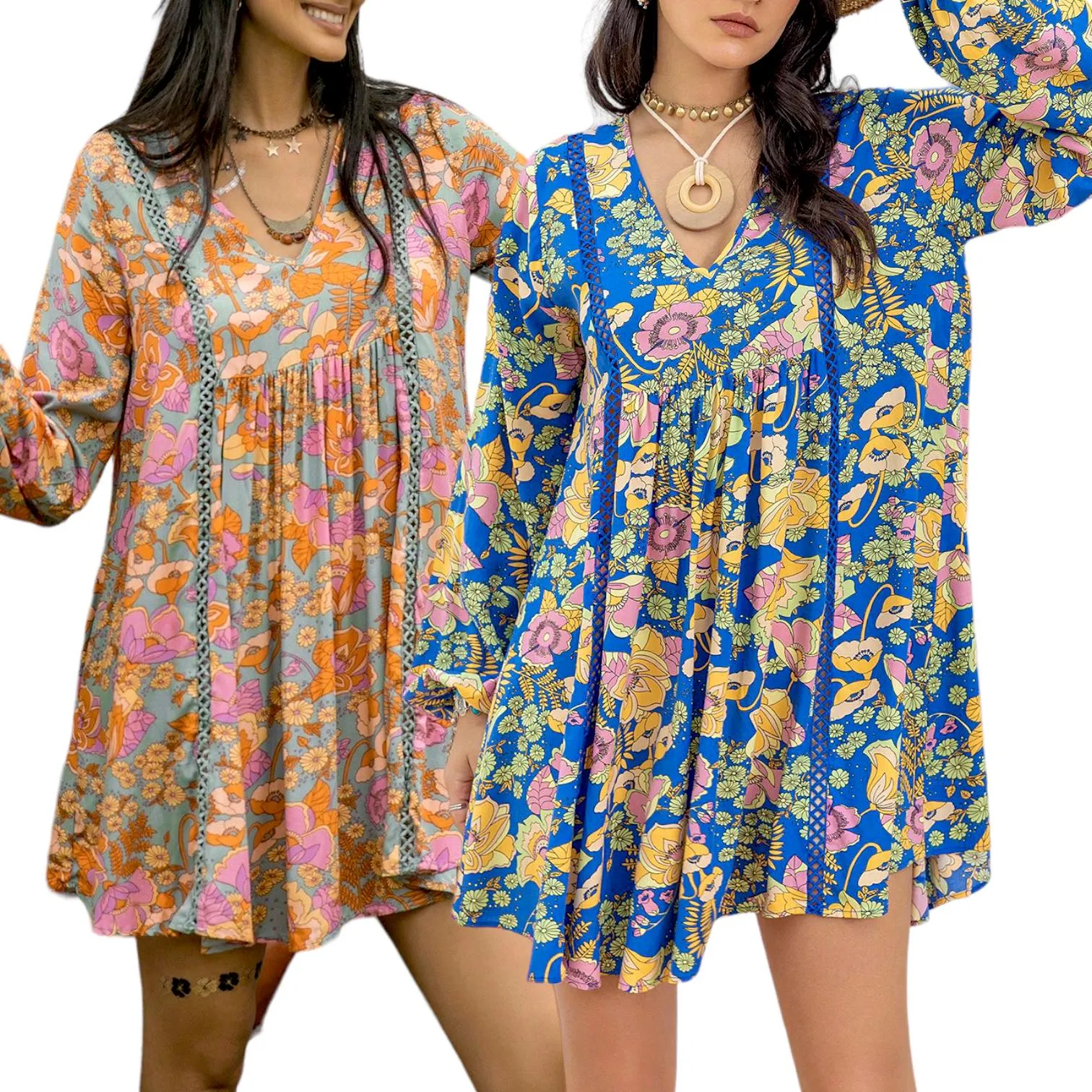 GYPSY Woven Boho Printed Bishop Sleeve Loose Short Dress