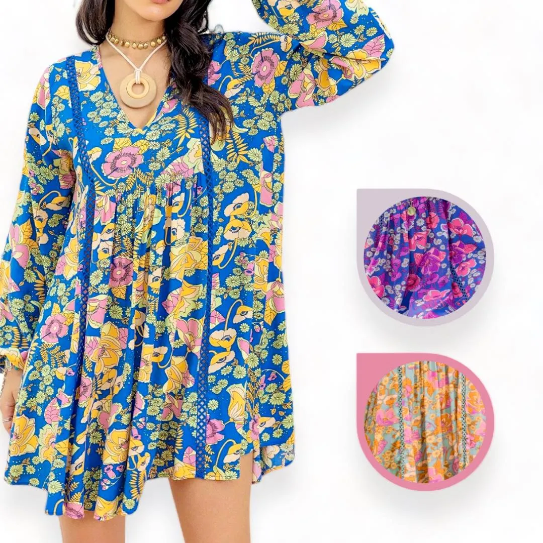 GYPSY Woven Boho Printed Bishop Sleeve Loose Short Dress