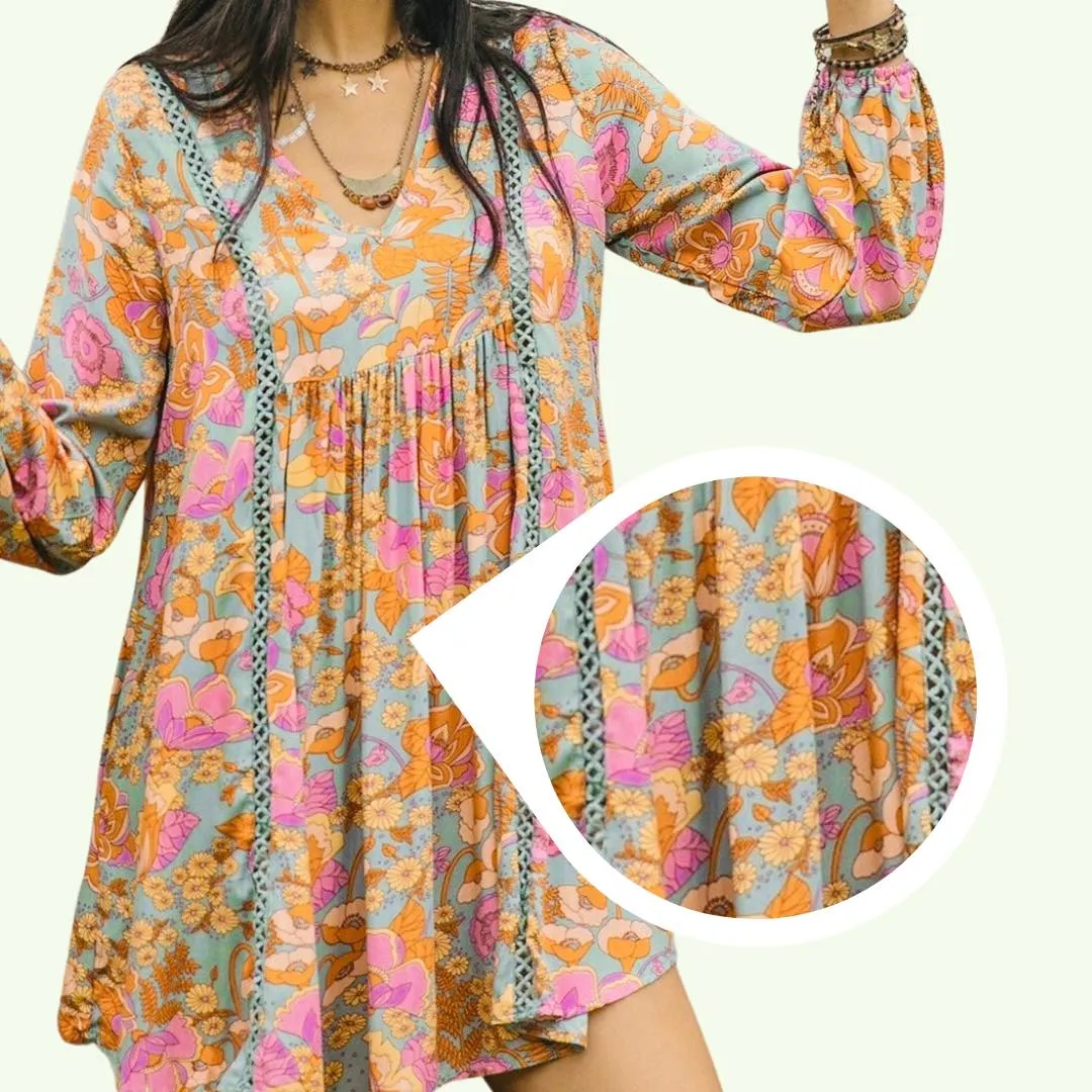 GYPSY Woven Boho Printed Bishop Sleeve Loose Short Dress