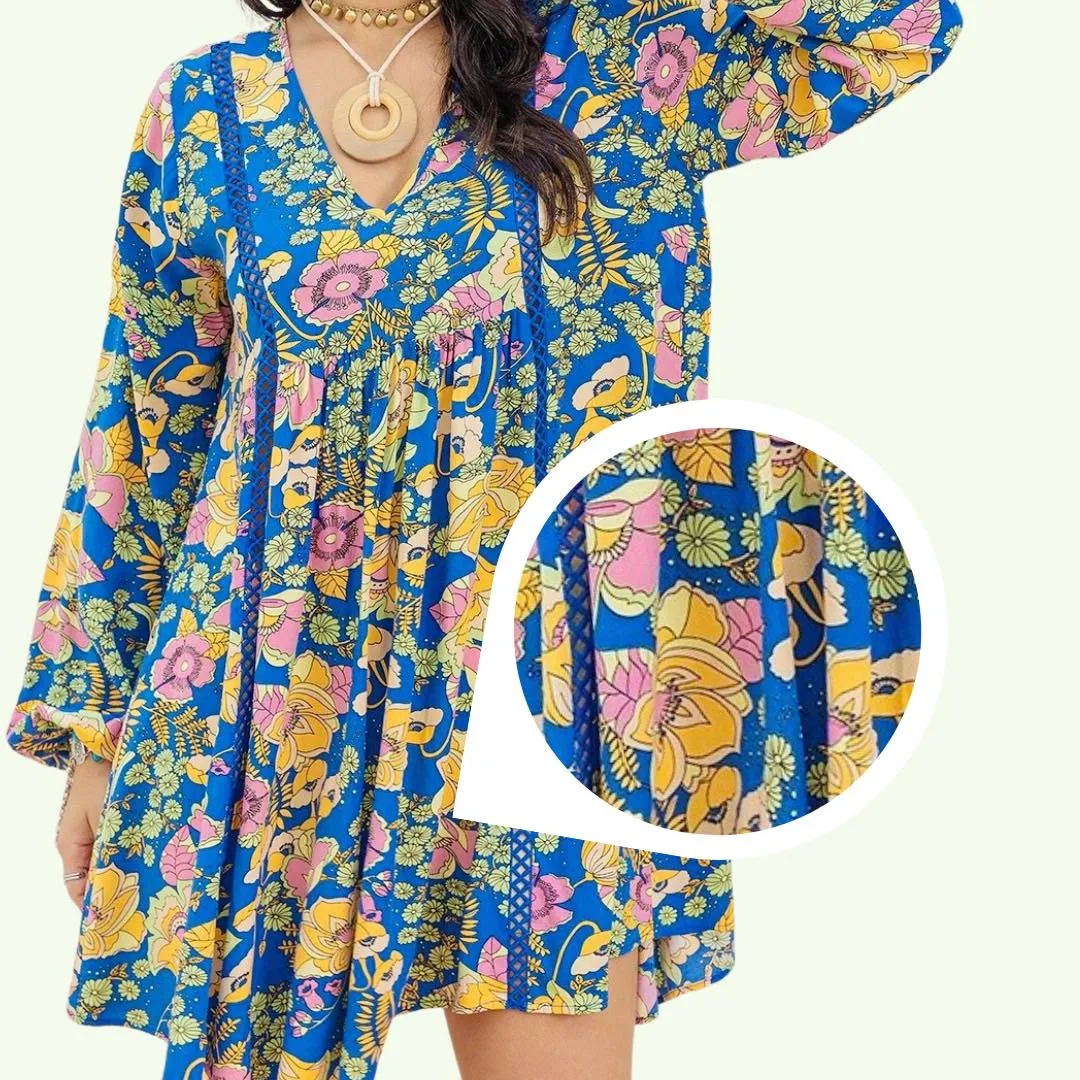 GYPSY Woven Boho Printed Bishop Sleeve Loose Short Dress