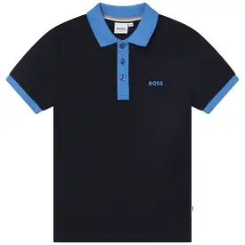 Hugo Boss Boys Contrast Collar Navy Short Sleeve Polo_J25O92-849