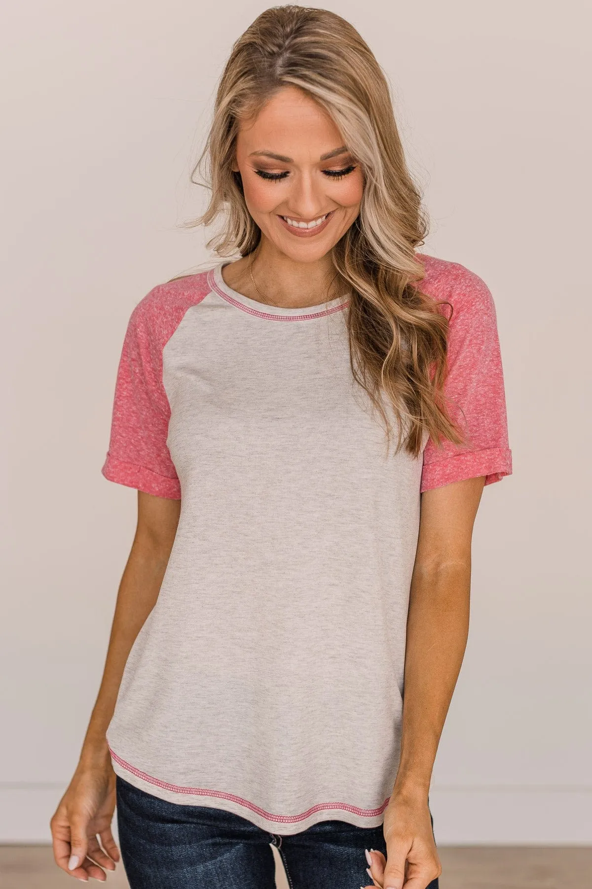 In My Favor Color Block Top- Heather Grey & Pink