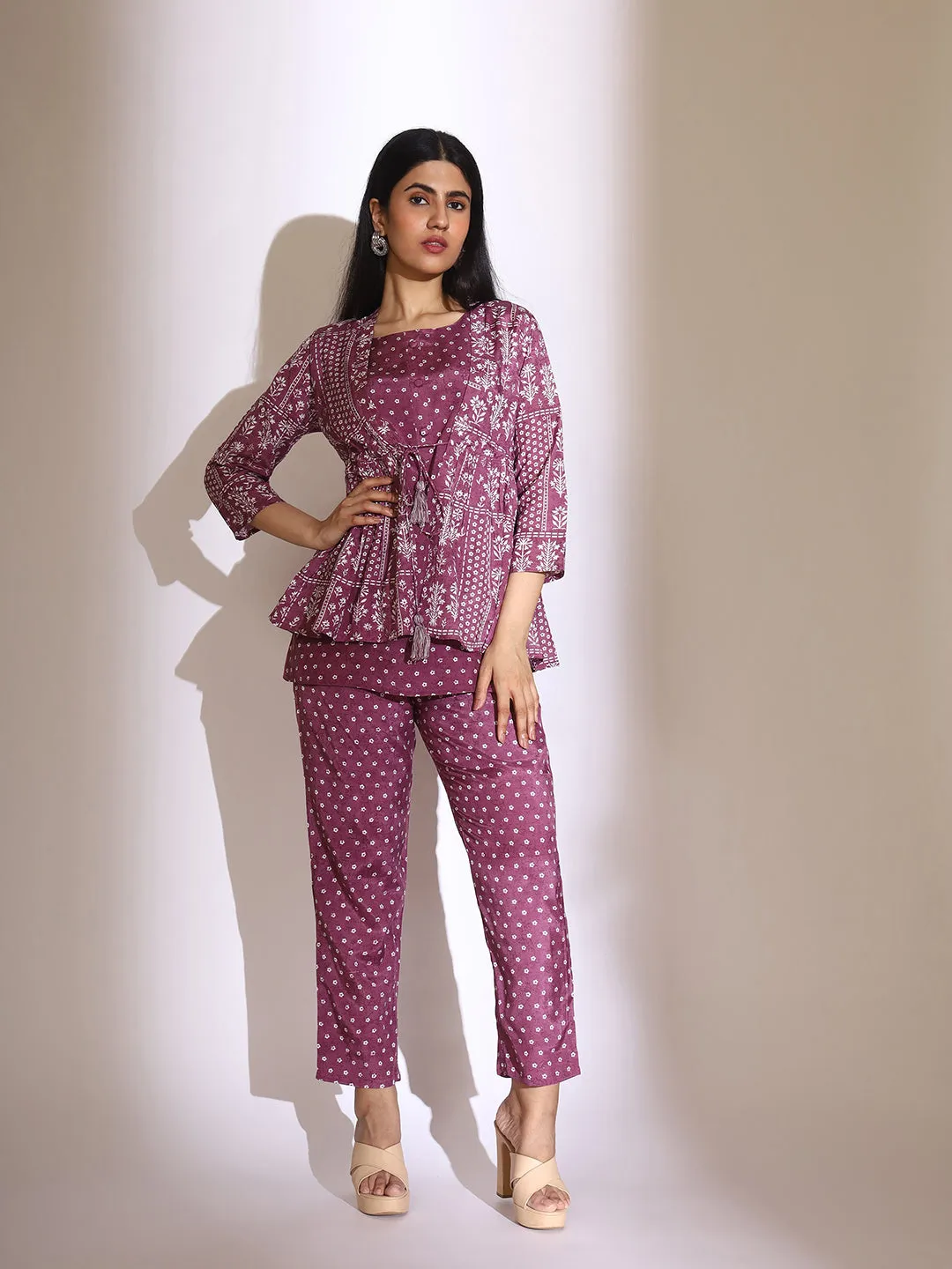 ISHIN Women Printed Top & Trouser With Jacket Co-Ord Set