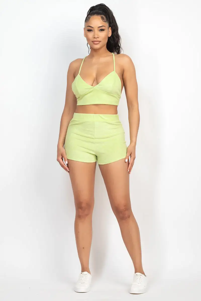 Lime Terry Towel Bralette Top & Mini Shorts Set