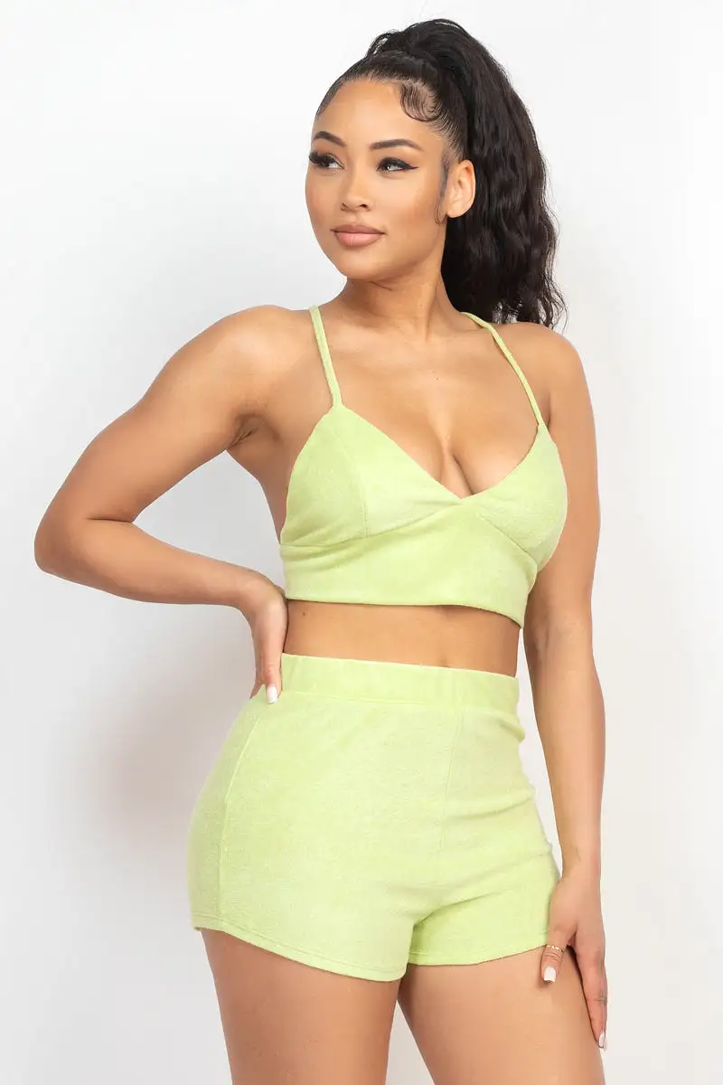 Lime Terry Towel Bralette Top & Mini Shorts Set