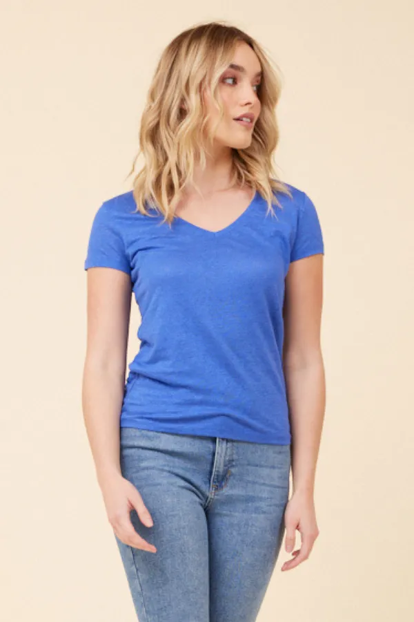 Majestic Short Sleeve Stretch Linen V-Neck in Mediterranean