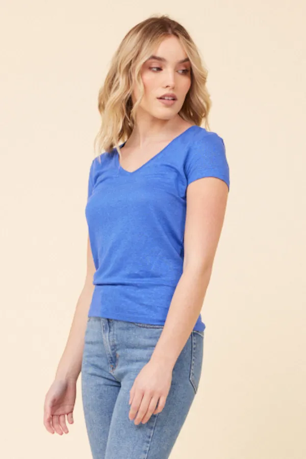 Majestic Short Sleeve Stretch Linen V-Neck in Mediterranean