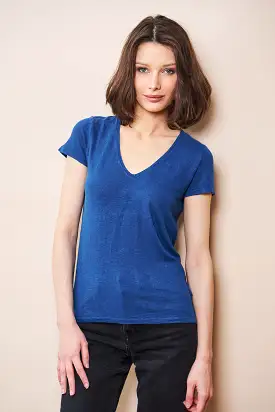 Majestic Stretch Linen Short Sleeve V-Neck in Capri