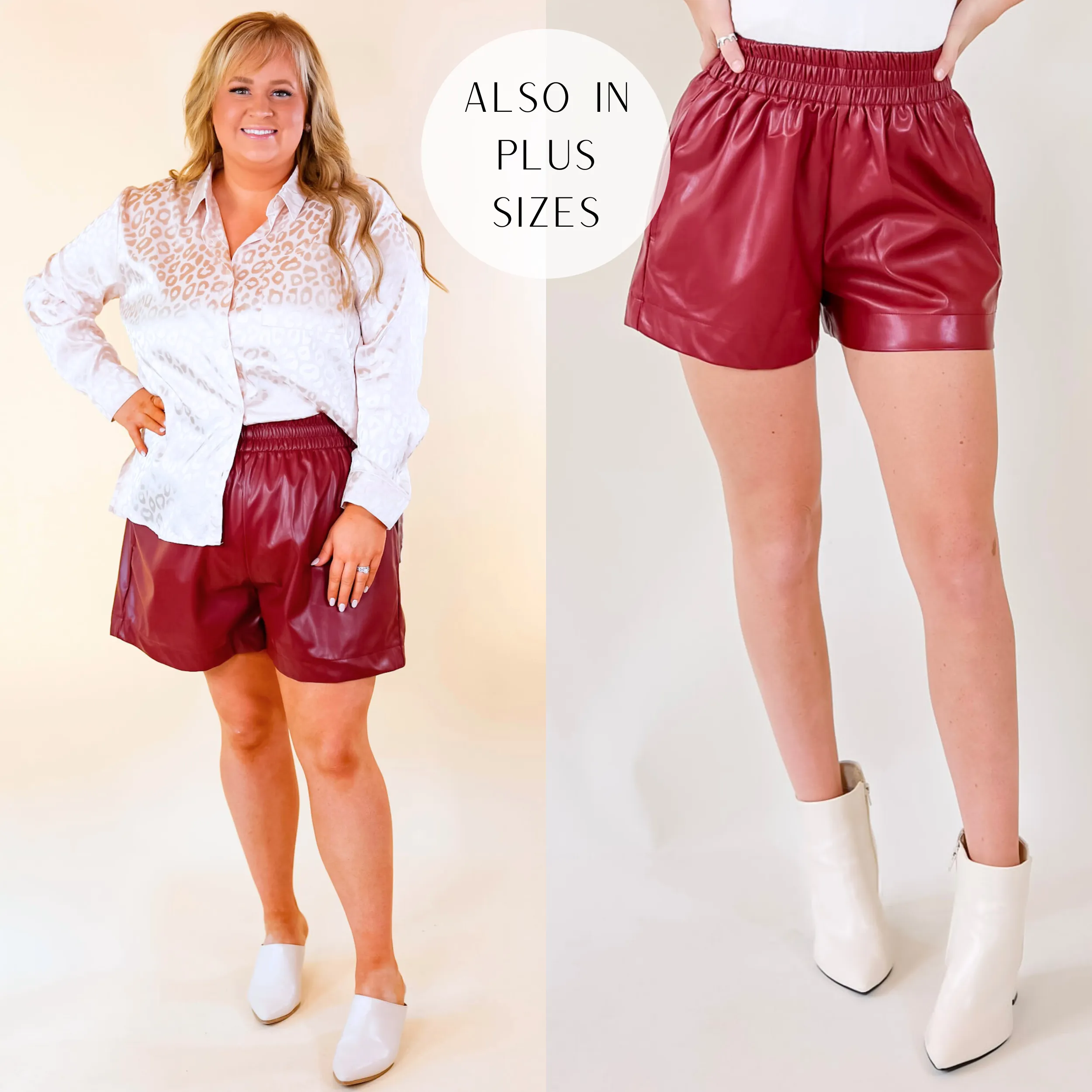 Making a Statement Faux Leather Shorts in Garnet Red