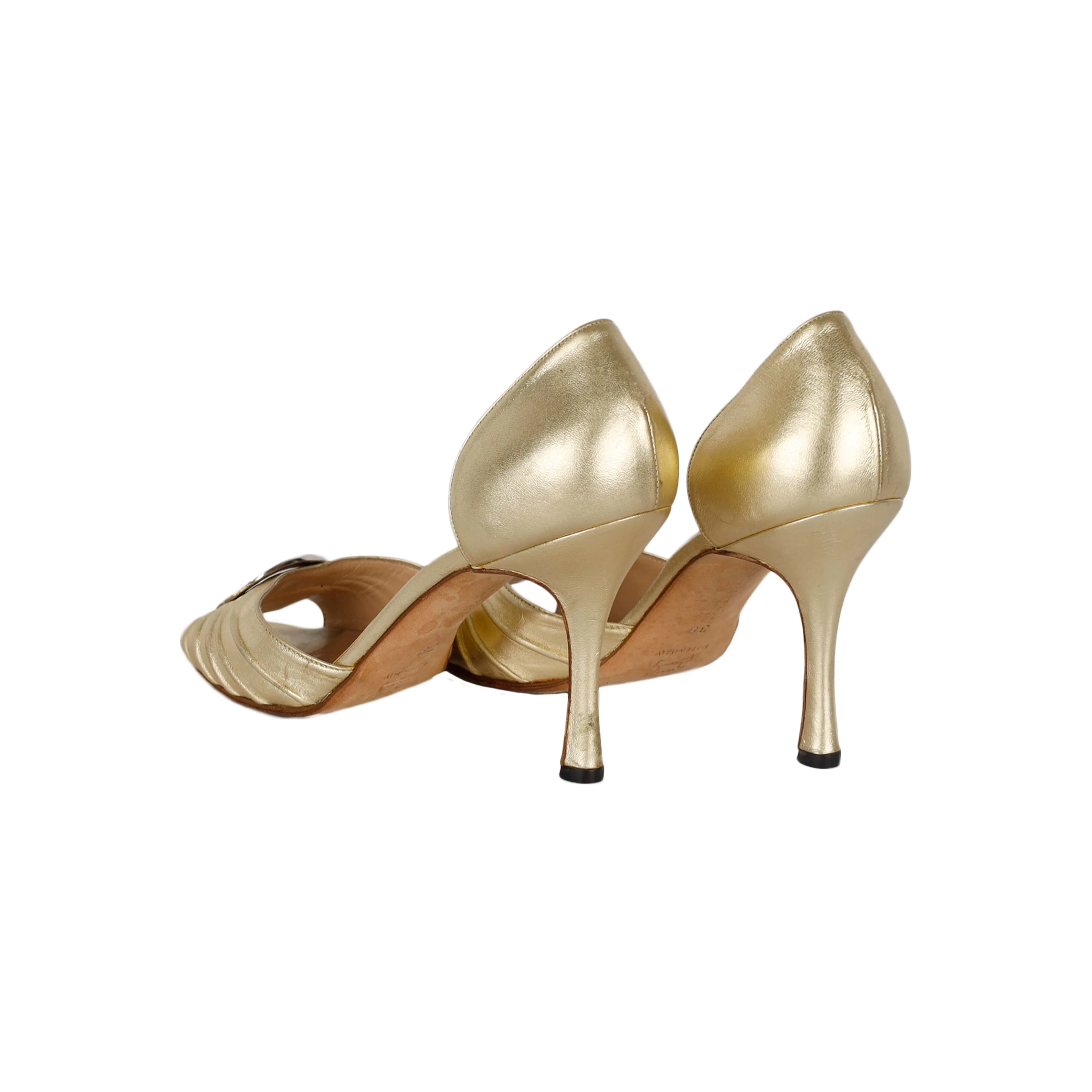 Manolo Blahnik Gold Peeptoe Buckle Heel - '10s