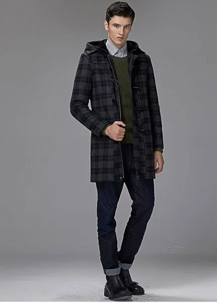 Mid Length Wool Duffle coat for men with hood winter