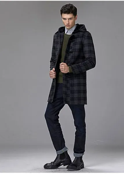 Mid Length Wool Duffle coat for men with hood winter