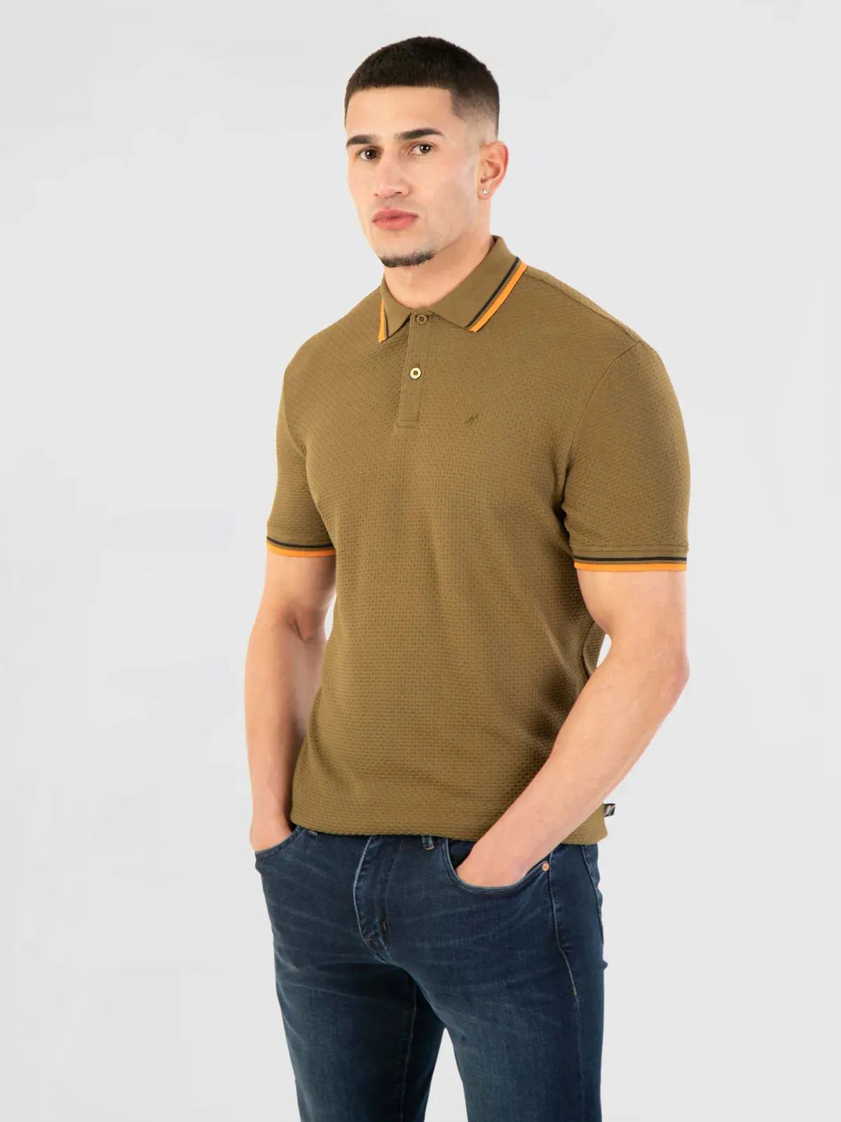 Mish Mash TEXTURED COTTON JERSEY STOCKHOLM KHAKI POLO