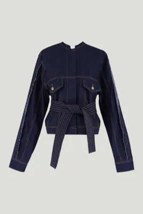 Navy Blue Denim Asymmetrical Jacket