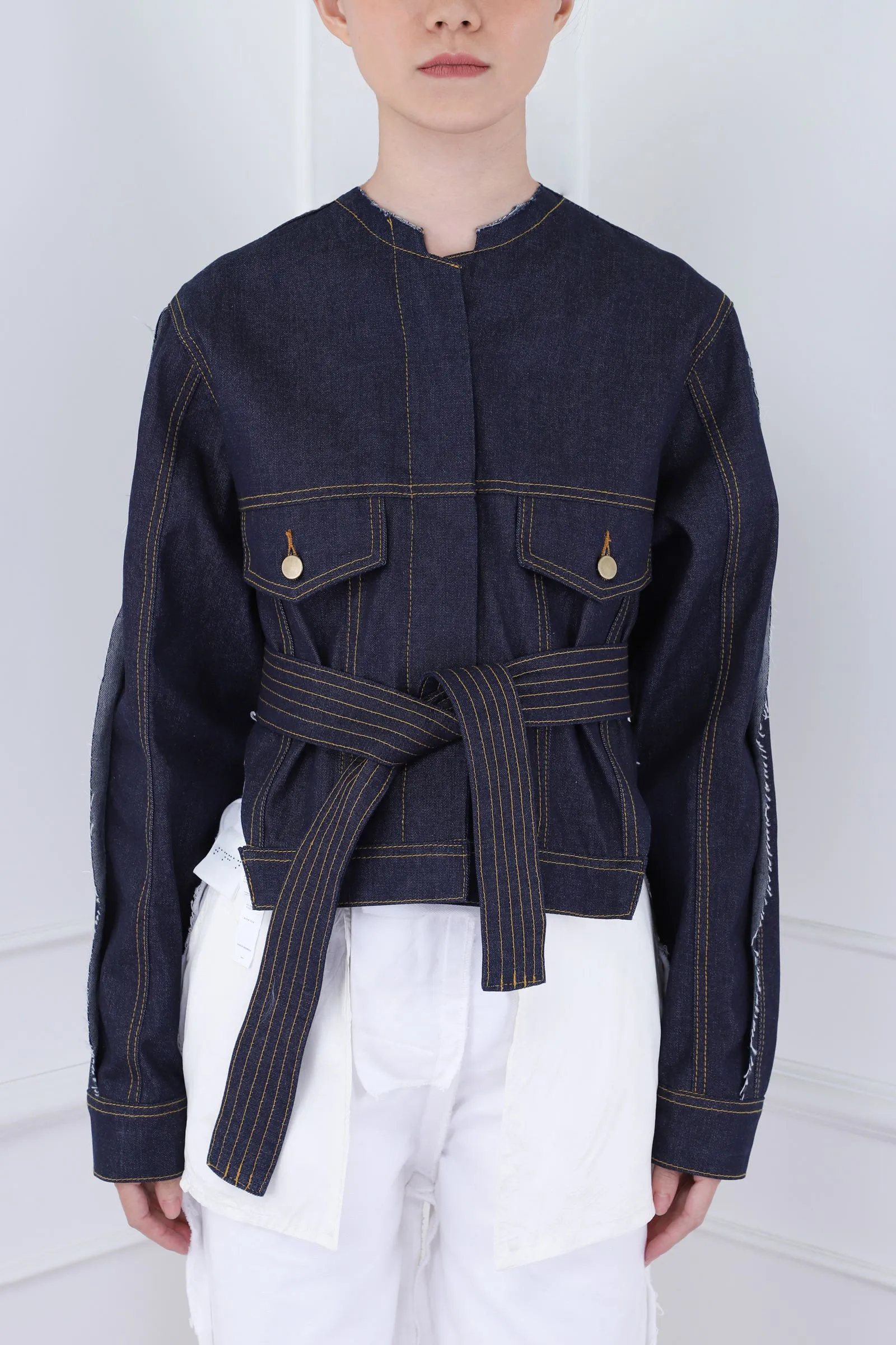 Navy Blue Denim Asymmetrical Jacket