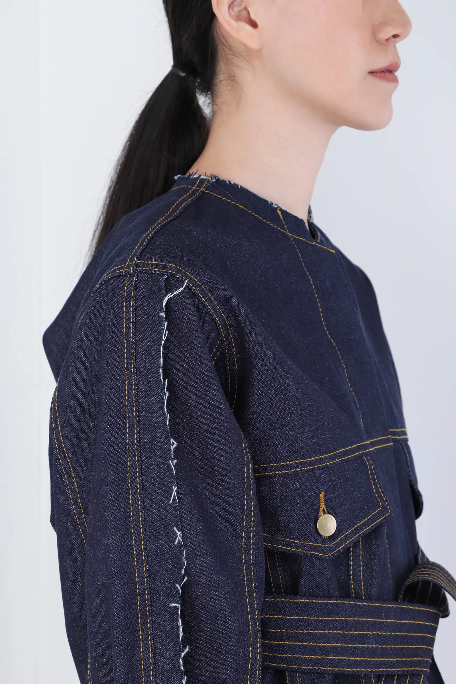 Navy Blue Denim Asymmetrical Jacket