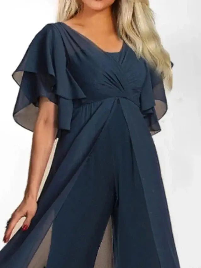 Navy Blue Elegant V-Neck Jumpsuit with Short Sleeves