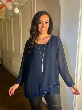 Navy Chiffon Sequin Hem Blouse Belle