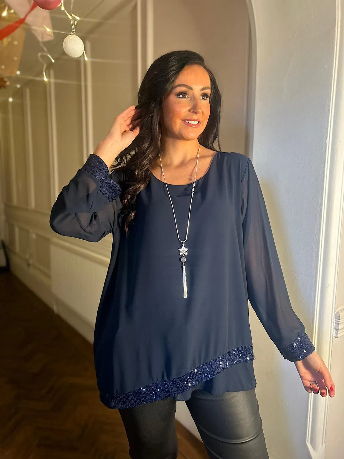 Navy Chiffon Sequin Hem Blouse Belle