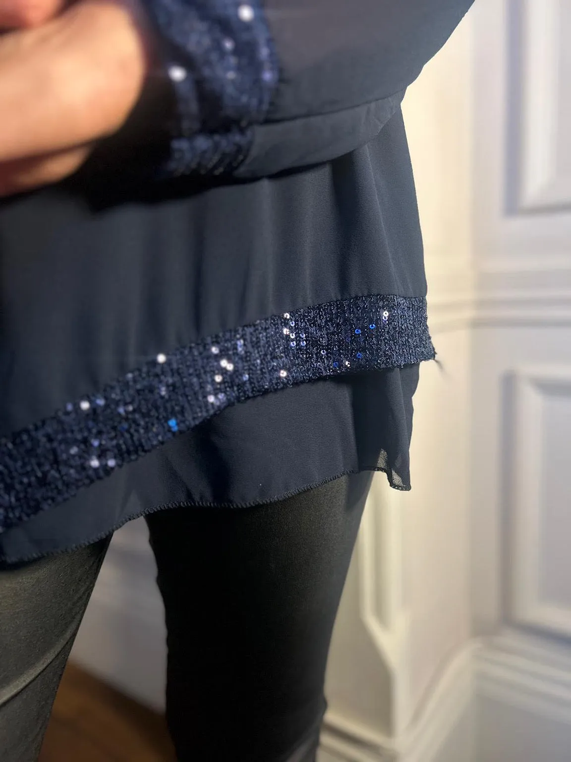 Navy Chiffon Sequin Hem Blouse Belle