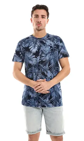 O164745 Navy Blue & Blue Leaves Patterned Tee