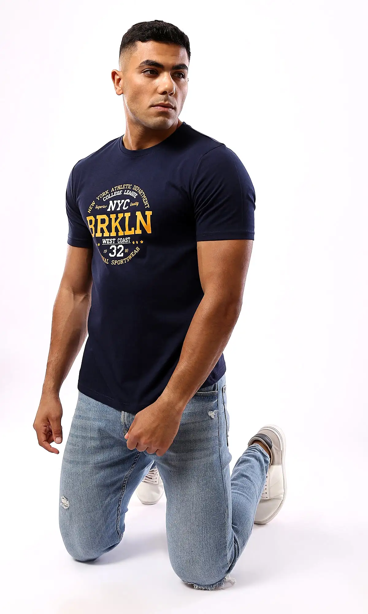 O179018 Round Neck Slip On Navy Blue Printed Tee