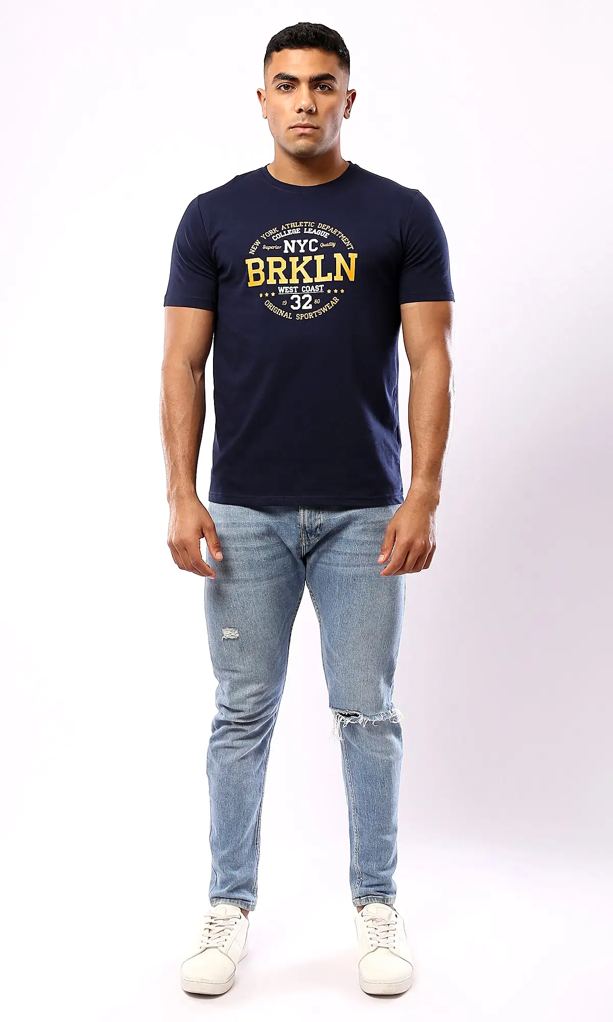 O179018 Round Neck Slip On Navy Blue Printed Tee