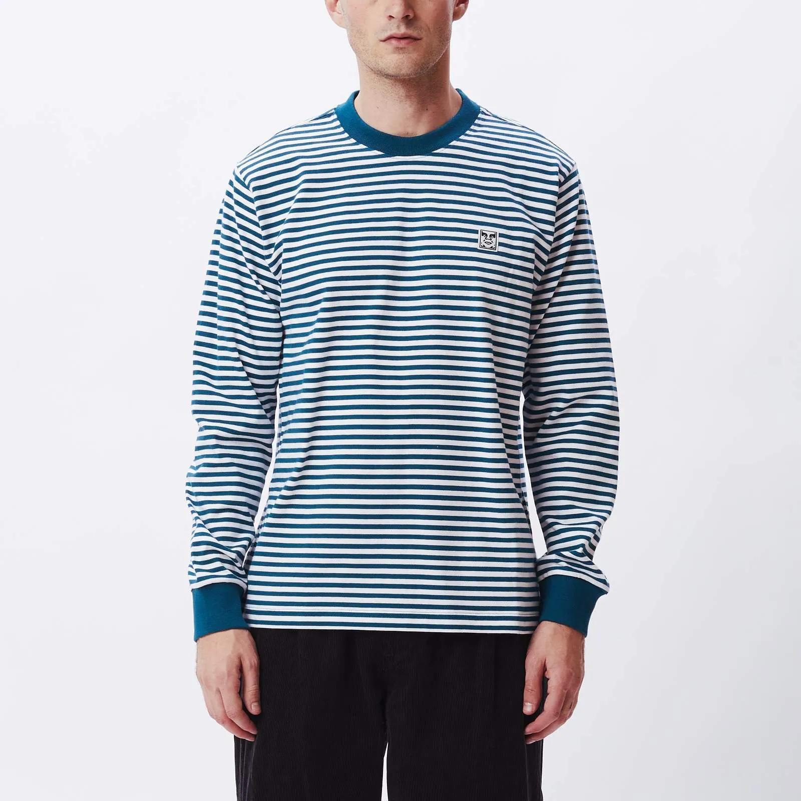 Obey Icon Legacy Long Sleeve Stripe Tee in Deep Ocean Multi