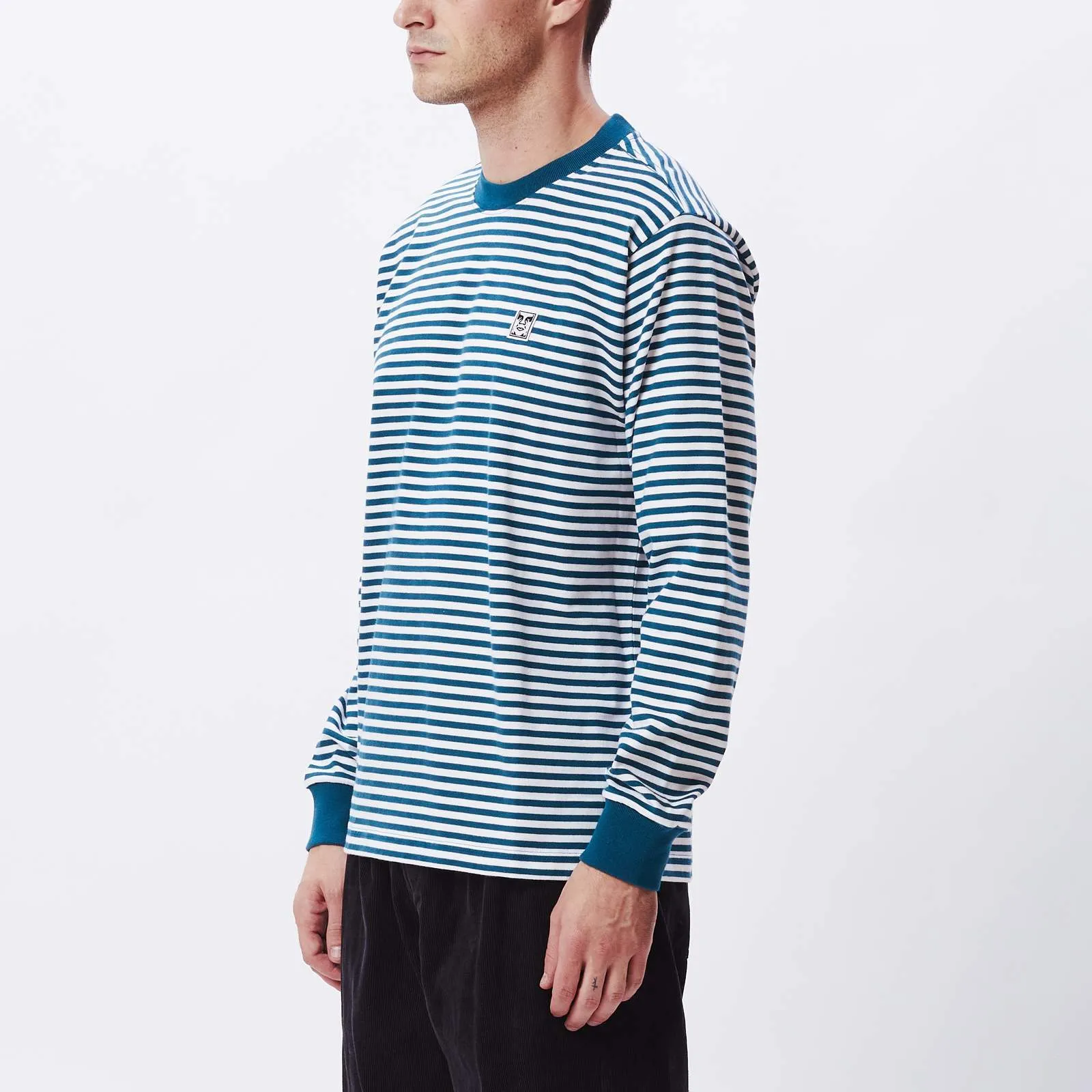 Obey Icon Legacy Long Sleeve Stripe Tee in Deep Ocean Multi