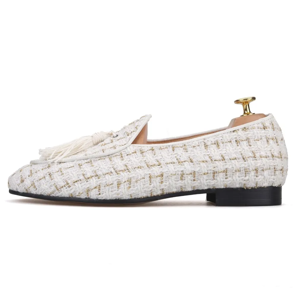 OneDrop Handmade Men White Mix Gold Knit Fabric Tassel Party Wedding Prom Loafers