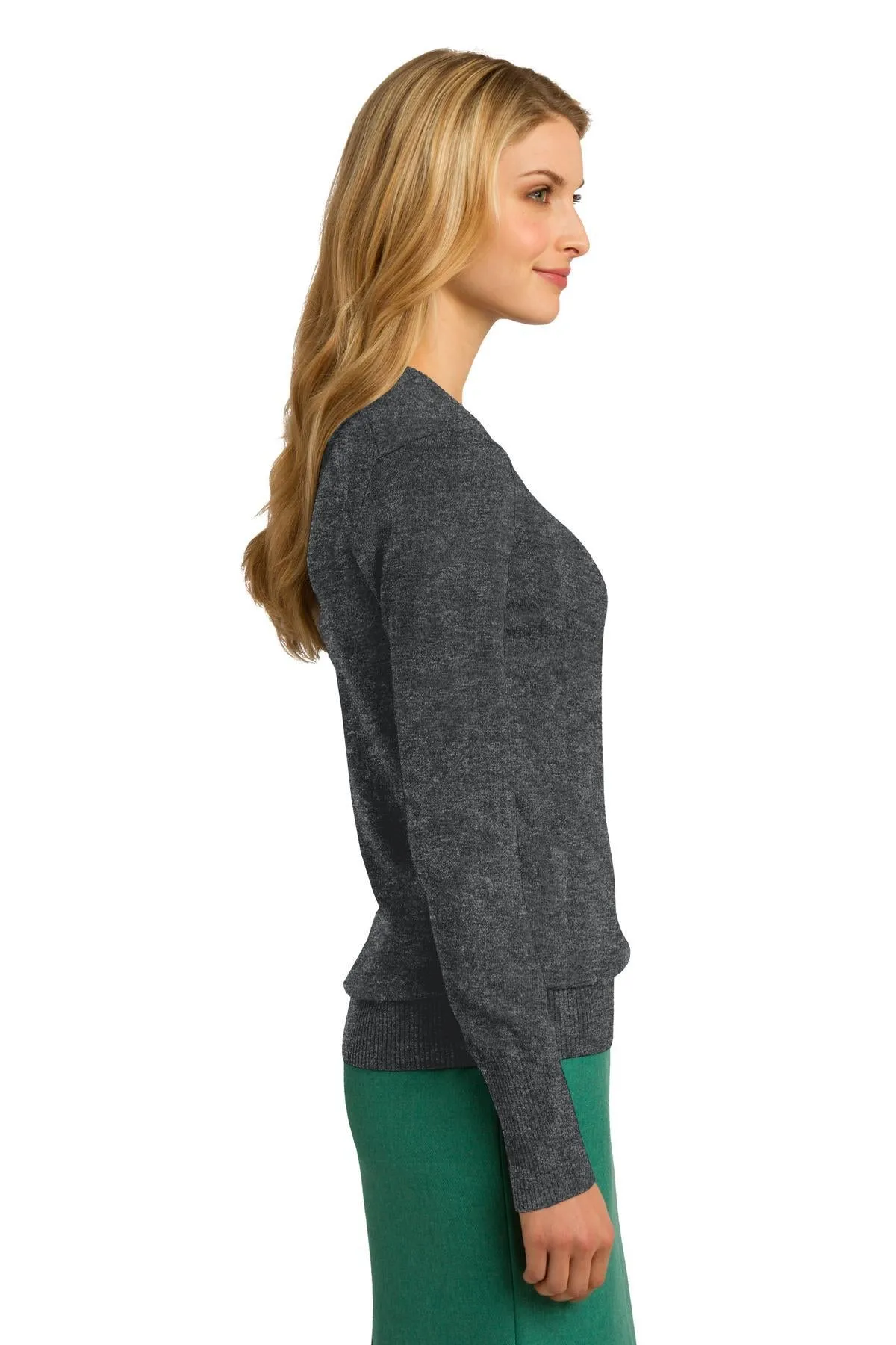 Port Authority Ladies V-Neck Sweater LSW285 Charcoal Heather