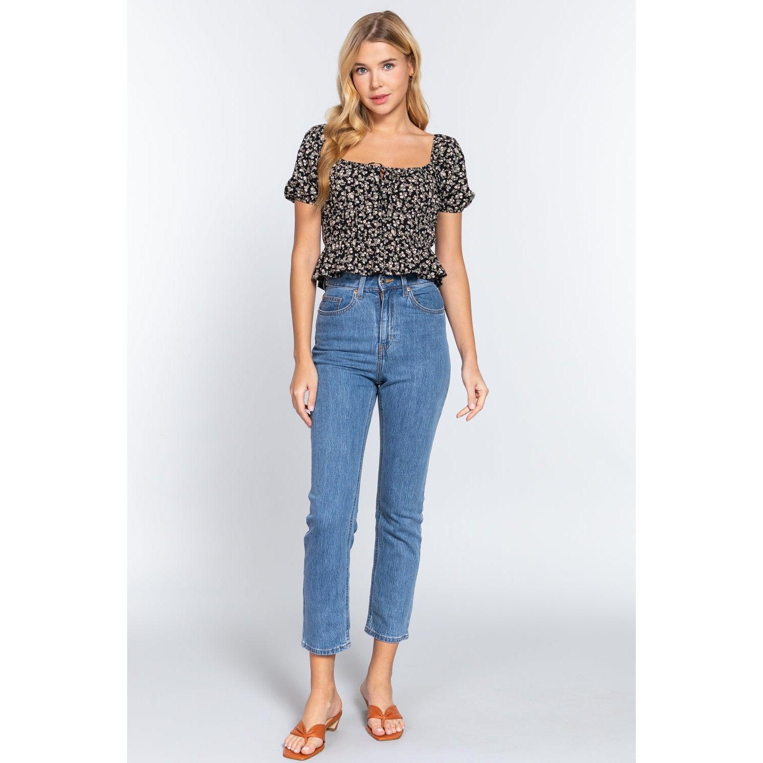 Short Slv Shirring Print Woven Top